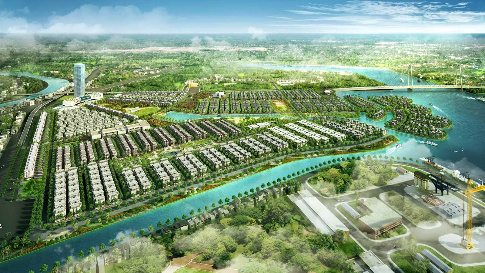 Phối cảnh tổng thể siêu đô thị hiện đại của Vinhomes với không gian xanh.